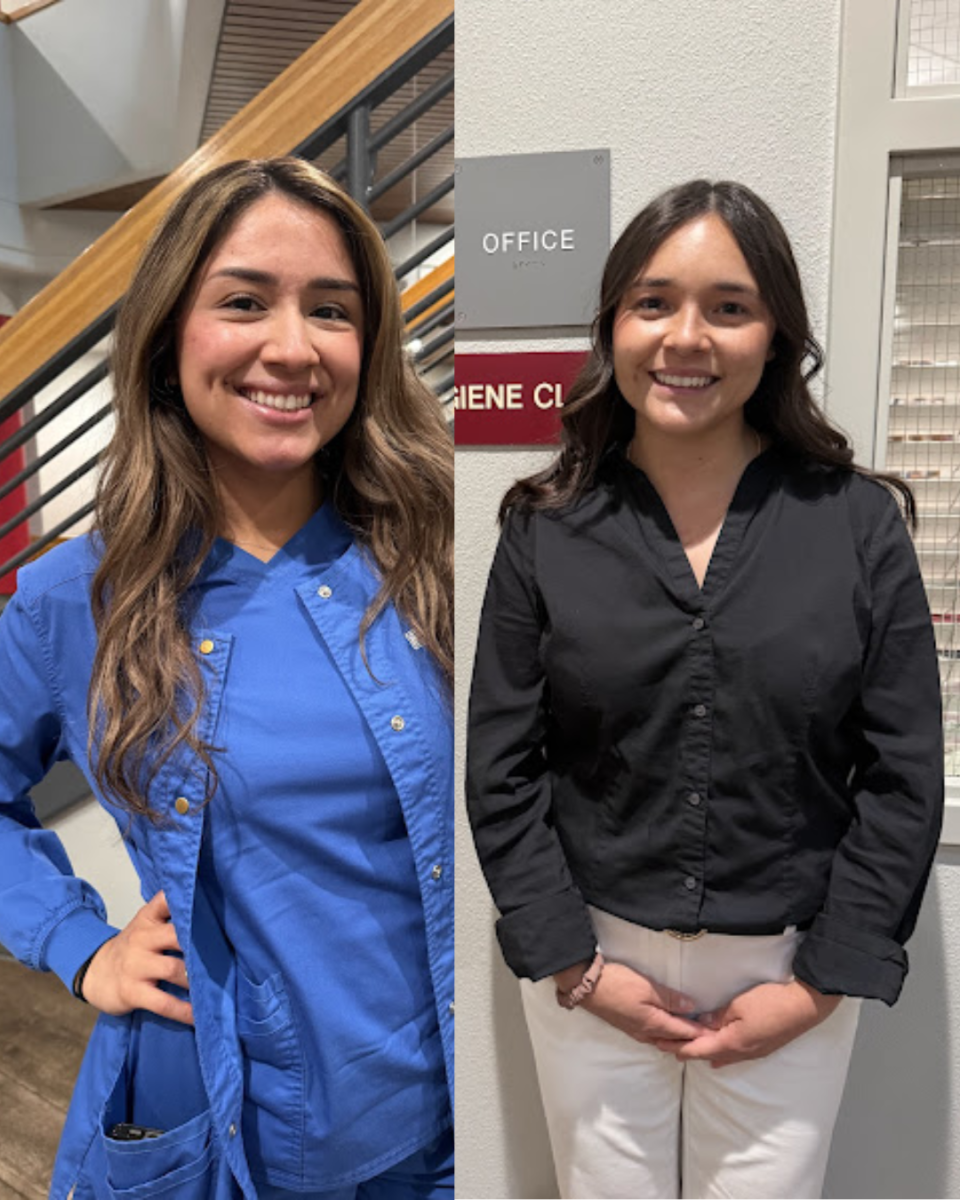(De izquierda a derecha) Vanessa Cervantes y Nyove Gonzalez, dos de las 29 mujeres graduadas con una licenciatura en higiene dental en Fresno City College en 2026 el 4 de Mayo.