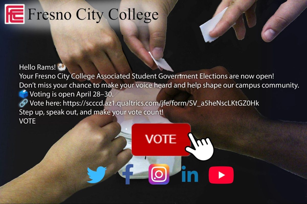 A photo of Fresno City College students putting their vote in a jar below the email sent out by the college to vote for Associated Student Government representatives. On the bottom are social platforms to share the link to. Graphic by Miley Araujo and Collins Tanomkhum.