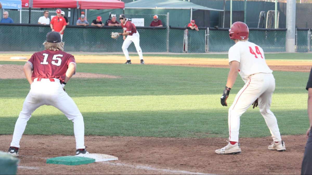 Freshman DH Drake Davis leading off from first base in Game two of the 3C2A Baseball Regional against Sierra College on May 1.