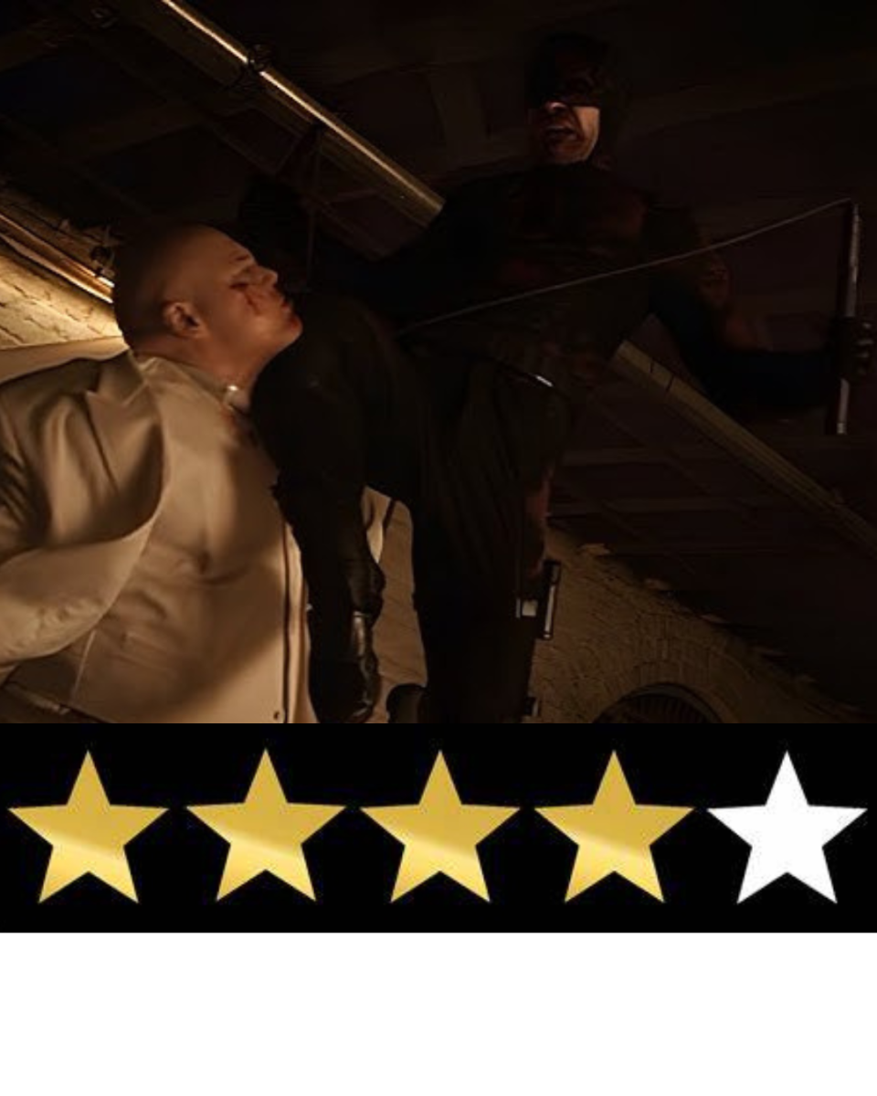 A screenshot from a fight scene between Daredevil and Kingpin in Daredevil: Born Again season two, with a rating of four out of five stars below it. Photo edited by Gavin Ruland.