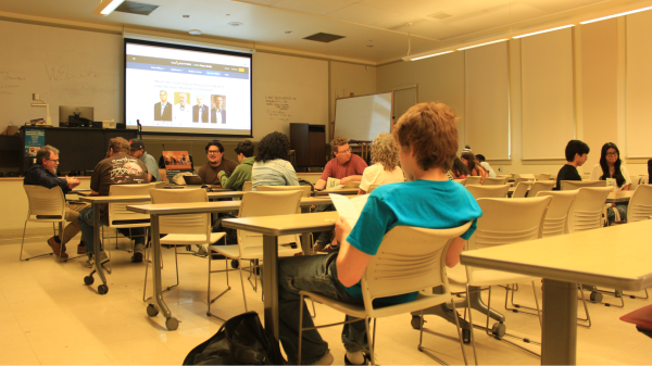 Students and professors discuss the California governor candidates at CalMatters VotingMatters event on May 7 at Fresno City College. A guide was given to people to help decide which candidates aligned with them.